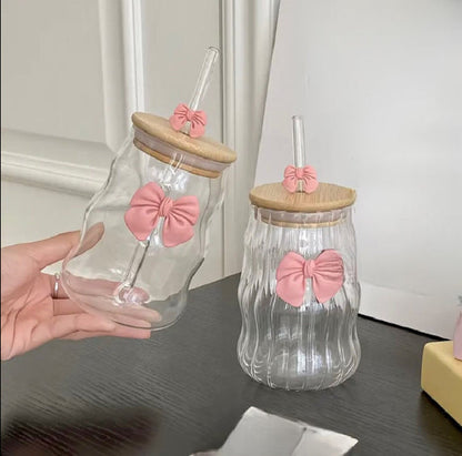 Aesthetic Bow Coffee Glass with Bow Straw & Lid