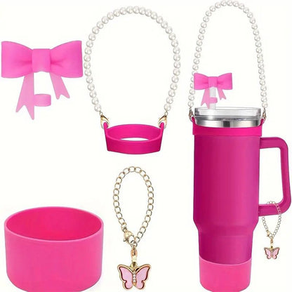 4 Pcs Accessories of Tumbler Mug Straw Cover, Butterfly Keychain, Pearl Handle & Silicone Protection Cover