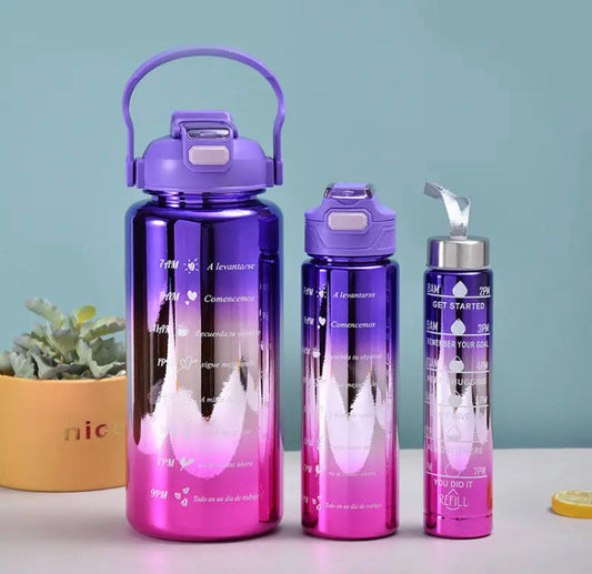3 Pcs Leakproof Metallic Design Motivational Bottles Set