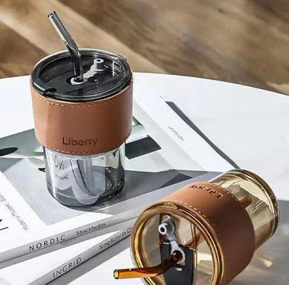 Leather Cover Coffee Mug with Lid & Straw