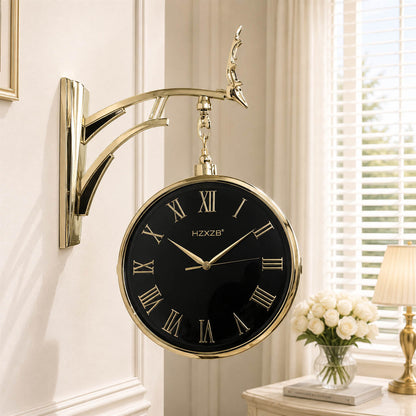 Luxury 14-Inch Double-Sided Wall Clock with Deer Head Finial – Silent Quartz 2-Face Hanging Clock