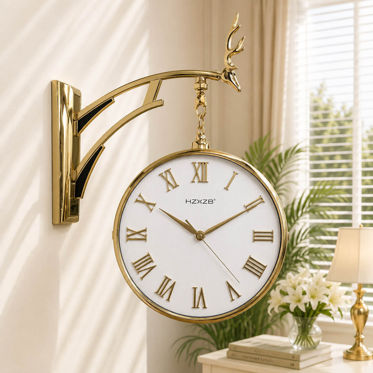 Double Face Moving Gearing Wall Clock – 14-Inch Vintage Luxury Two-Sided Clock (Golden/White)
