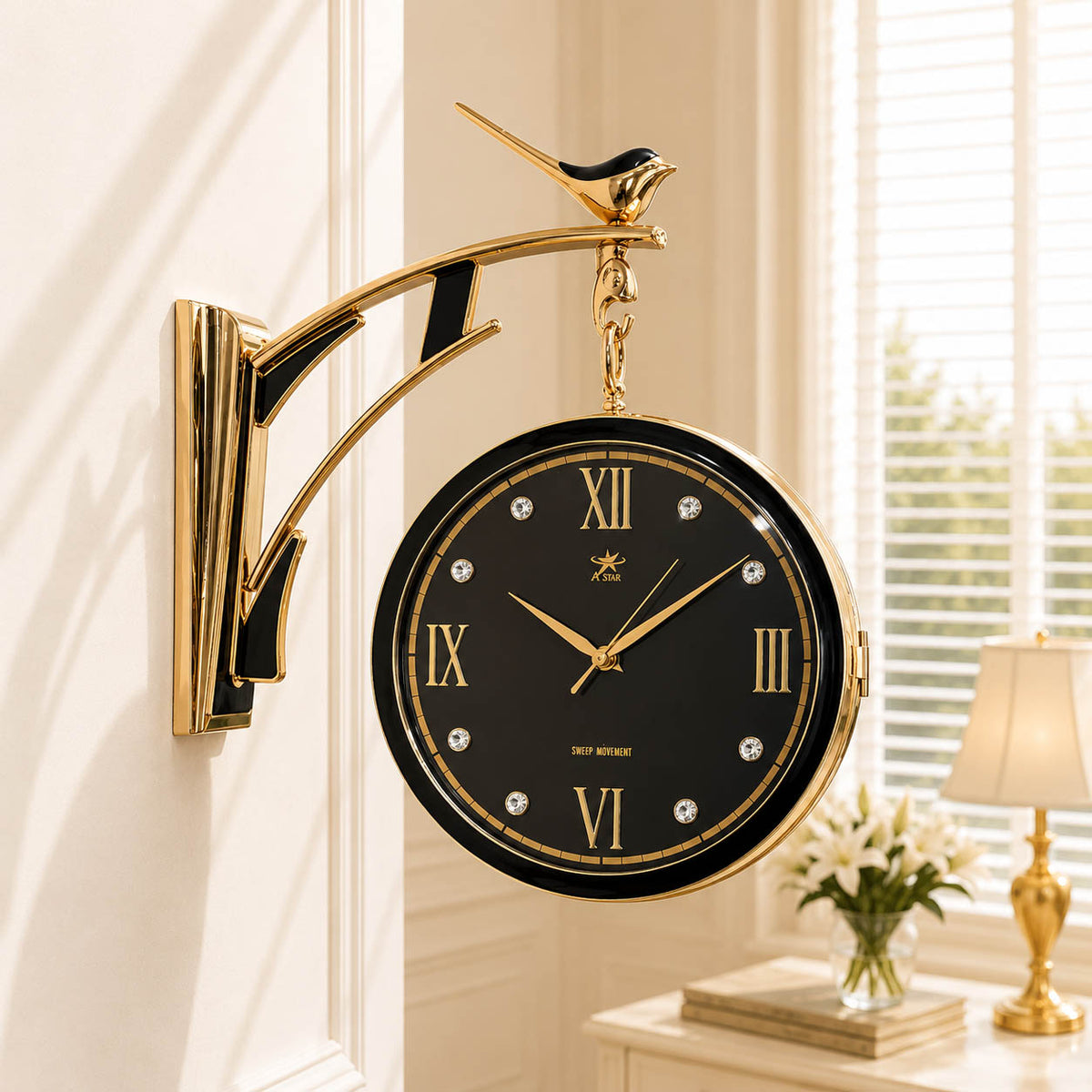 Double Face Moving Gearing Wall Clock – 12-Inch Vintage Luxury Two-Sided Clock (Golden/Black)