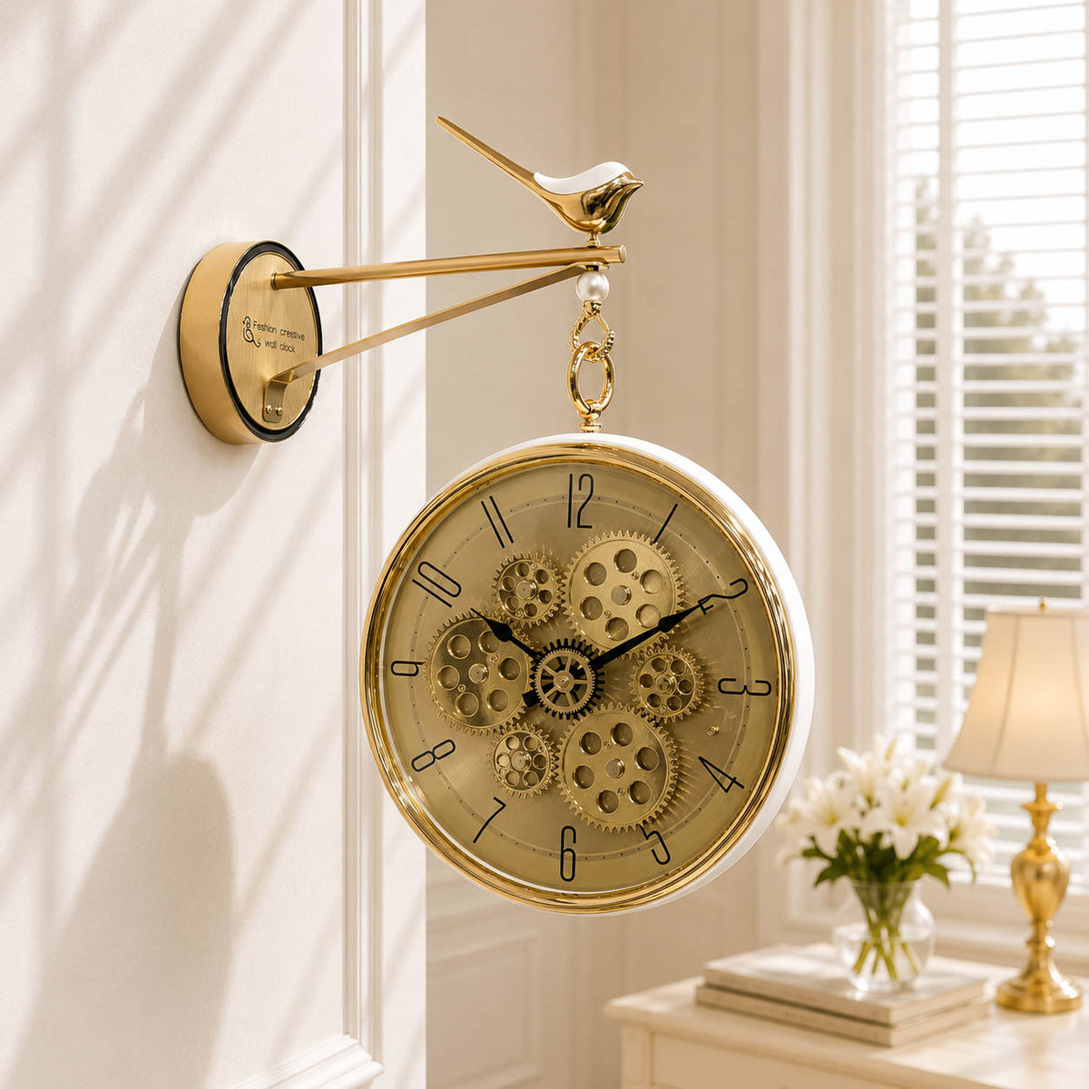 Imported Dual-Sided Wall Clock with Exposed Moving Gears