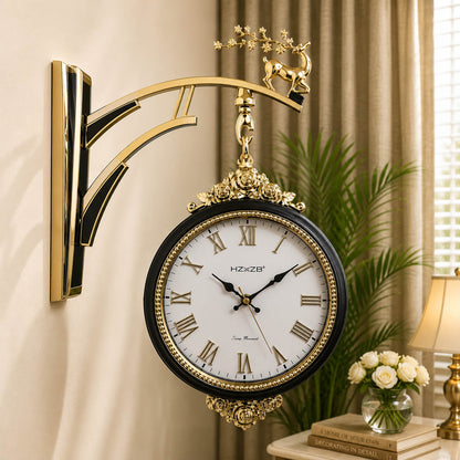 Dual-Sided Deer Theme Station Wall Clock | 10-Inch Gold & White Decor