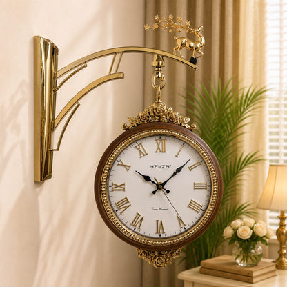 Dual-Sided Deer Theme Station Wall Clock | 10-Inch Gold & White Decor