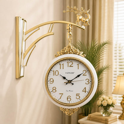 Dual-Sided Deer Theme Station Wall Clock | 10-Inch Gold & White Decor