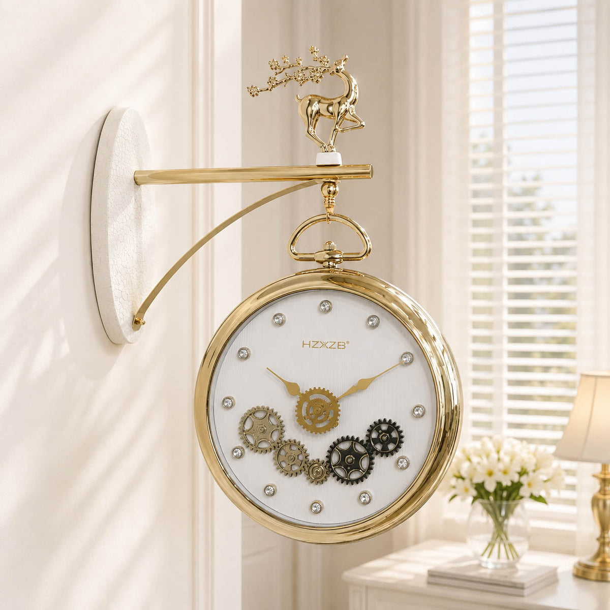 Dual-Sided Deer Silhouette & Exposed Moving Gearing Wall Clock
