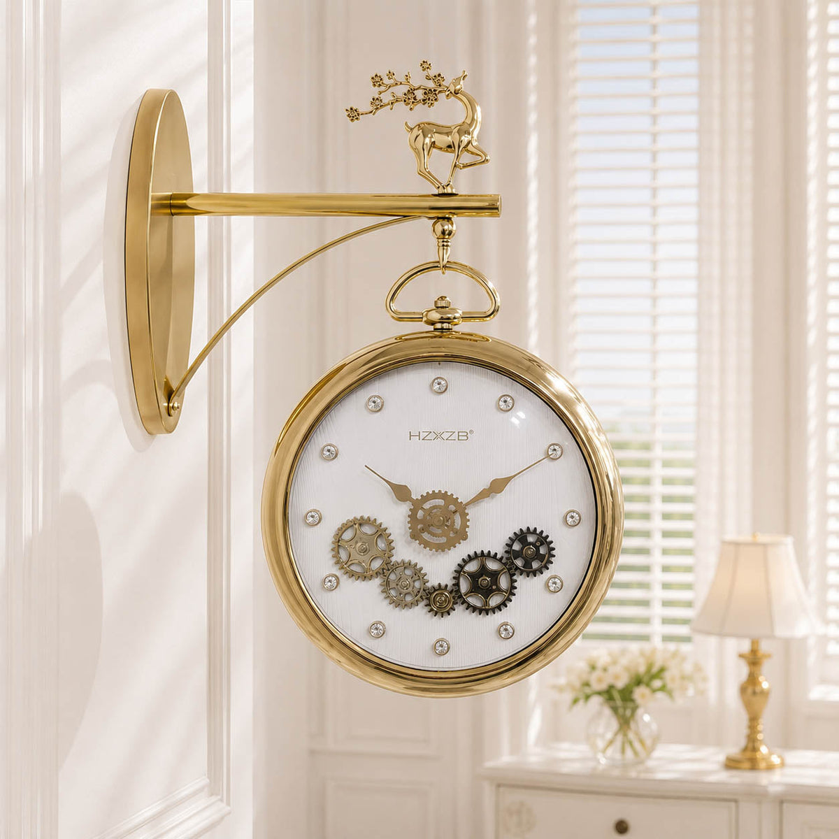 Dual-Sided Deer Silhouette & Exposed Moving Gearing Wall Clock