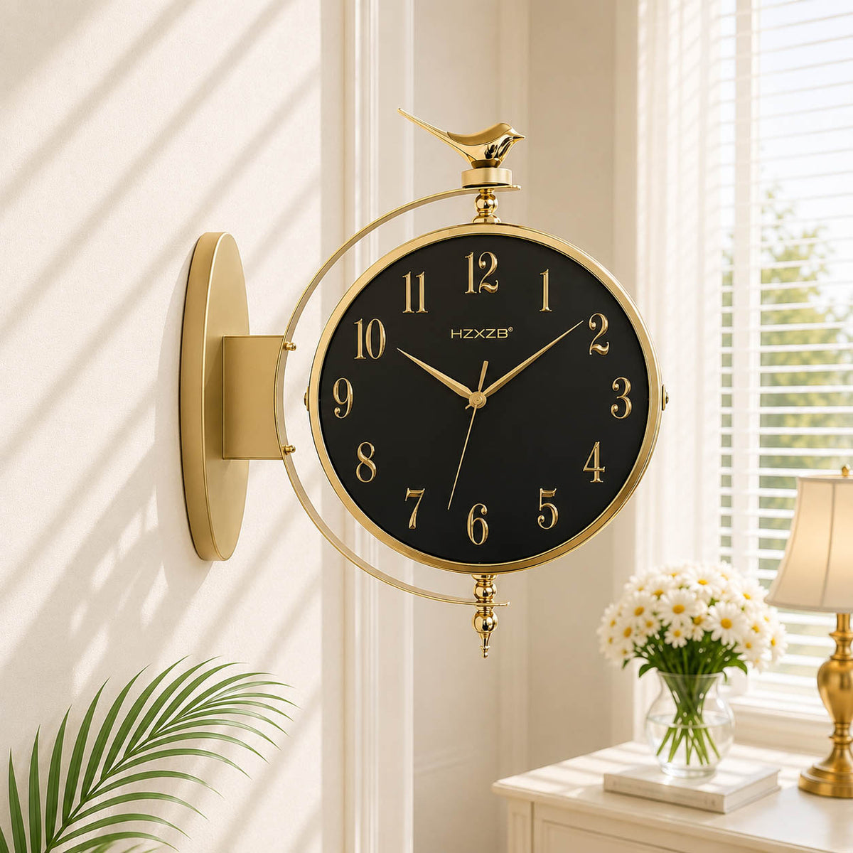 Dual-Sided Bird Station Clock with Luxury Gold, Black, White and Brown Finish