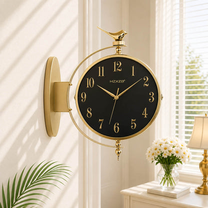 Dual-Sided Bird Station Clock with Luxury Gold, Black, White and Brown Finish