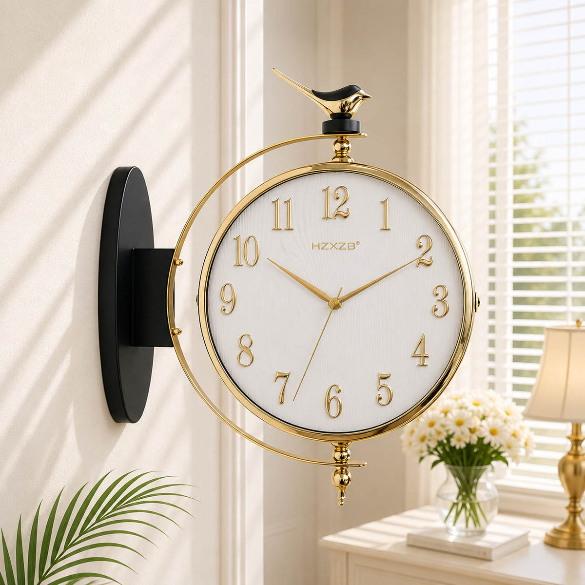 Dual-Sided Bird Station Clock with Luxury Gold, Black, White and Brown Finish