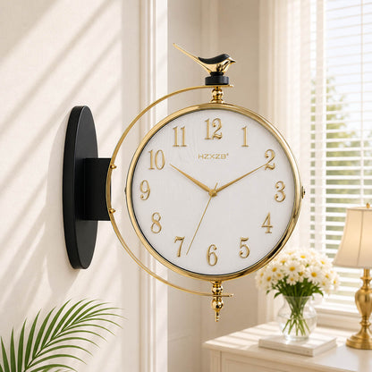 Dual-Sided Bird Station Clock with Luxury Gold, Black, White and Brown Finish