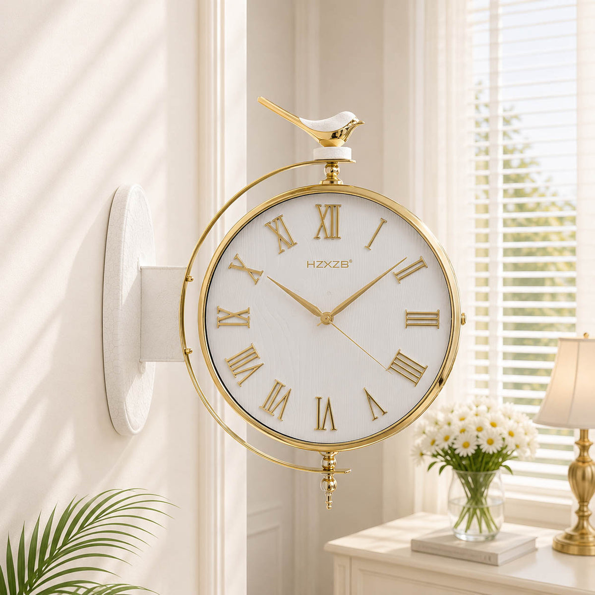Dual-Sided Bird Station Clock with Luxury Gold, Black, White and Brown Finish