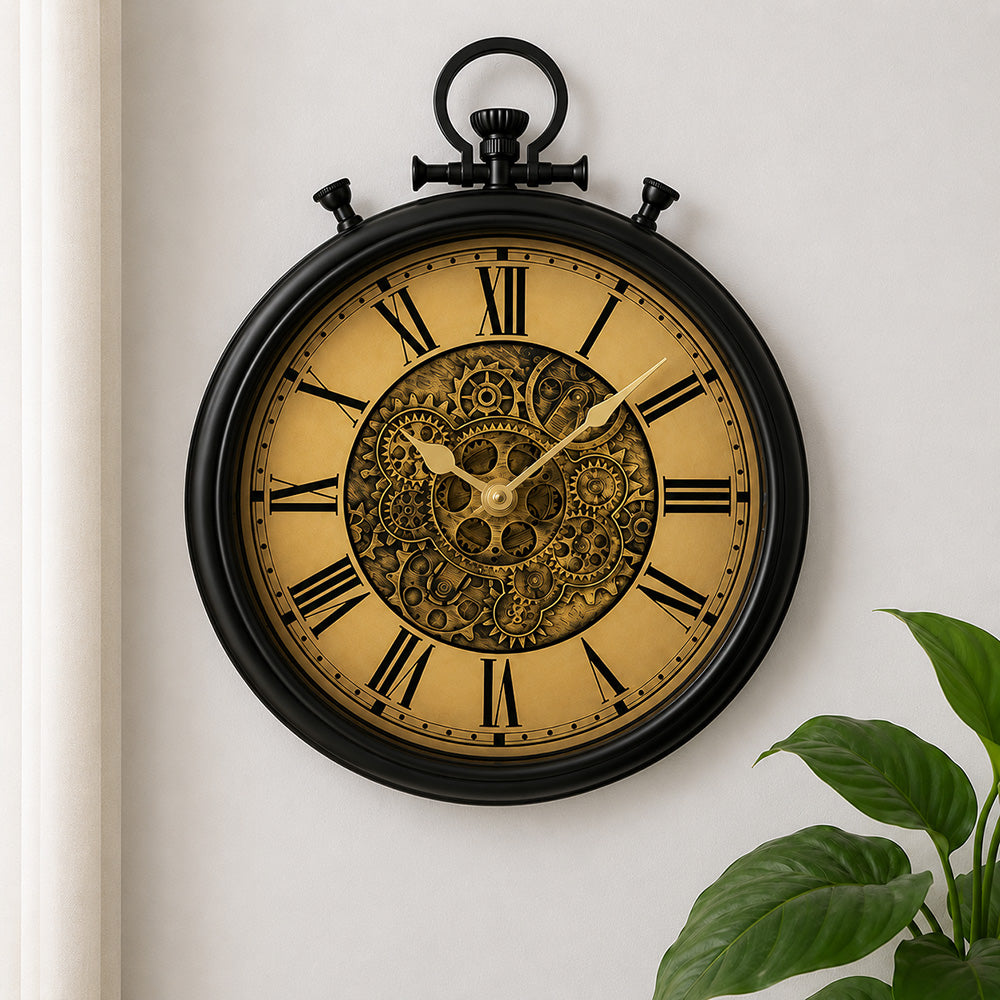 Modern Luxury Moving Gear Wall Clock (19 × 15 Inches) – Silent, Battery-Operated Decorative Clock for Living Room & Office
