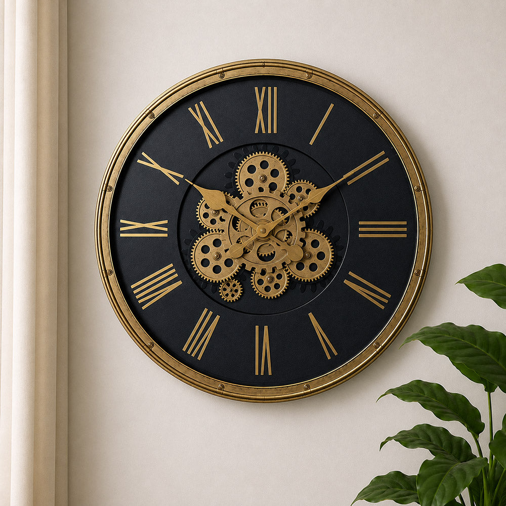 Modern Luxury Moving Gear Wall Clock (19 × 19 Inches) – Silent, Battery-Operated Decorative Analog Clock for Living Room & Office