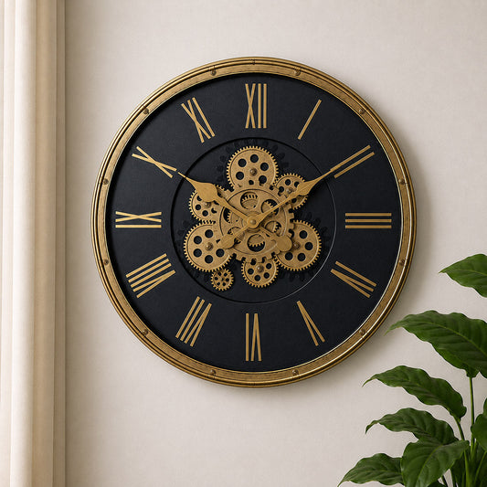 Modern Luxury Moving Gear Wall Clock (19 × 19 Inches) – Silent, Battery-Operated Decorative Analog Clock for Living Room & Office