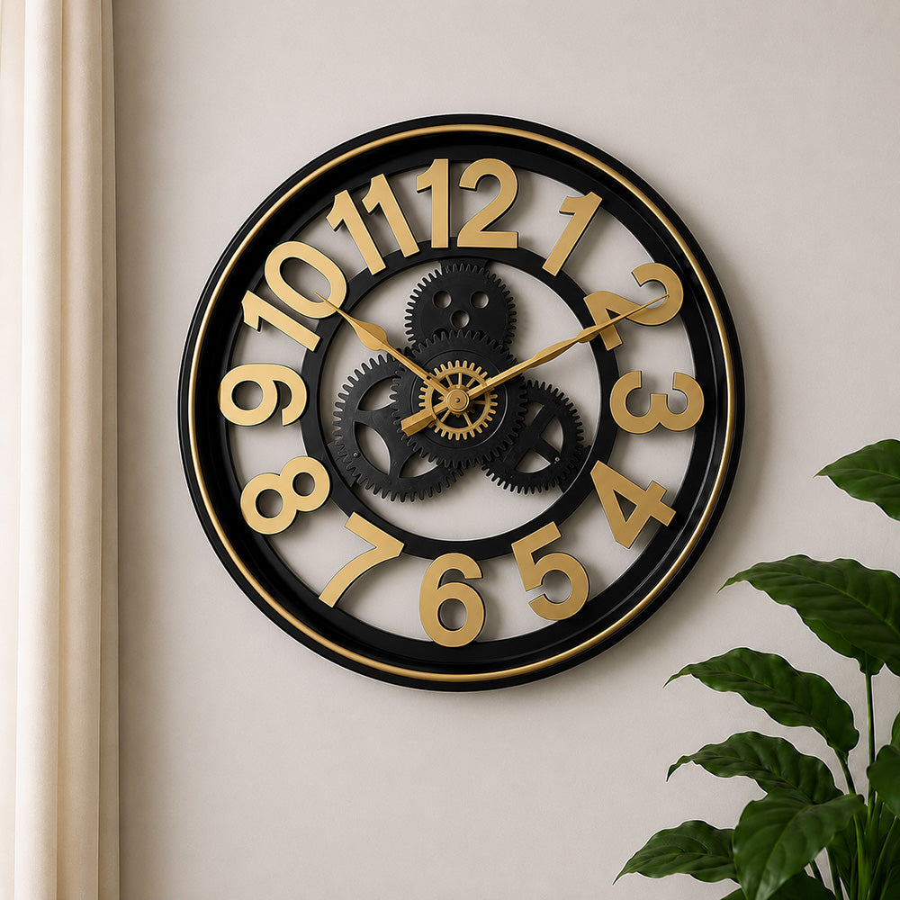 18-Inch Luxury Modern Silent Wall Clock – Elegant Gold & Black Fiber Frame for Home and Office Décor