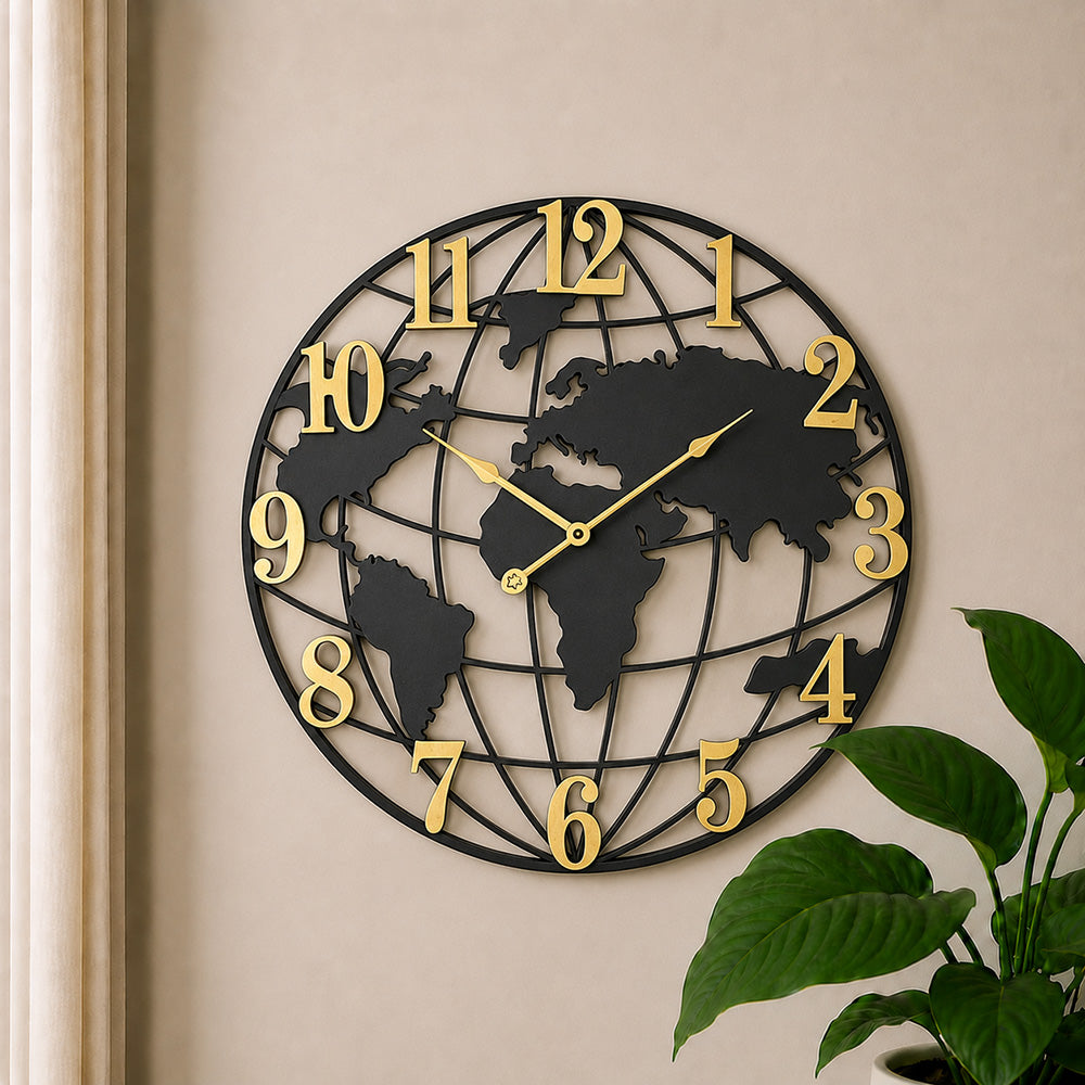Modern Luxury Silent Metal Wall Clock (20 Inches) - Map clock Ticking-Free Battery-Operated Decorative Analog Clock for Living Room & Office