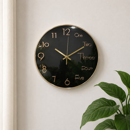Modern Luxury Silent Metal Wall Clock (12 Inches) – Unique Half-Word & Half-Digit Dial, Ticking-Free Battery-Operated Clock for Living Room & Office