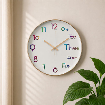 Modern Luxury Silent Metal Wall Clock (12 Inches) – Unique Half-Word & Half-Digit Dial, Ticking-Free Battery-Operated Clock for Living Room & Office