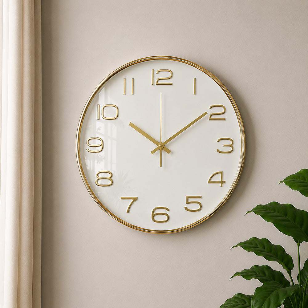 Modern Luxury Silent Metal Wall Clock (12 Inches) – Classic Numeric Dial, Ticking-Free Battery-Operated Clock for Living Room & Office