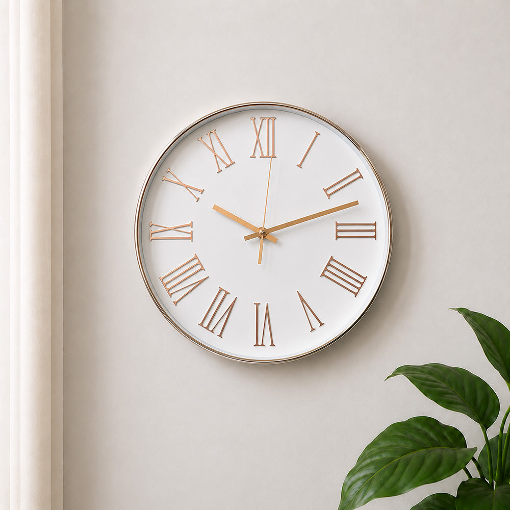 Modern Luxury Silent Metal Wall Clock (12 Inches) – Classic Roman Numeral Dial, Ticking-Free Battery-Operated Clock for Living Room & Office
