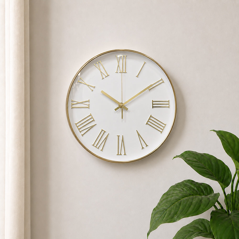 Modern Luxury Silent Metal Wall Clock (12 Inches) – Classic Roman Numeral Dial, Ticking-Free Battery-Operated Clock for Living Room & Office