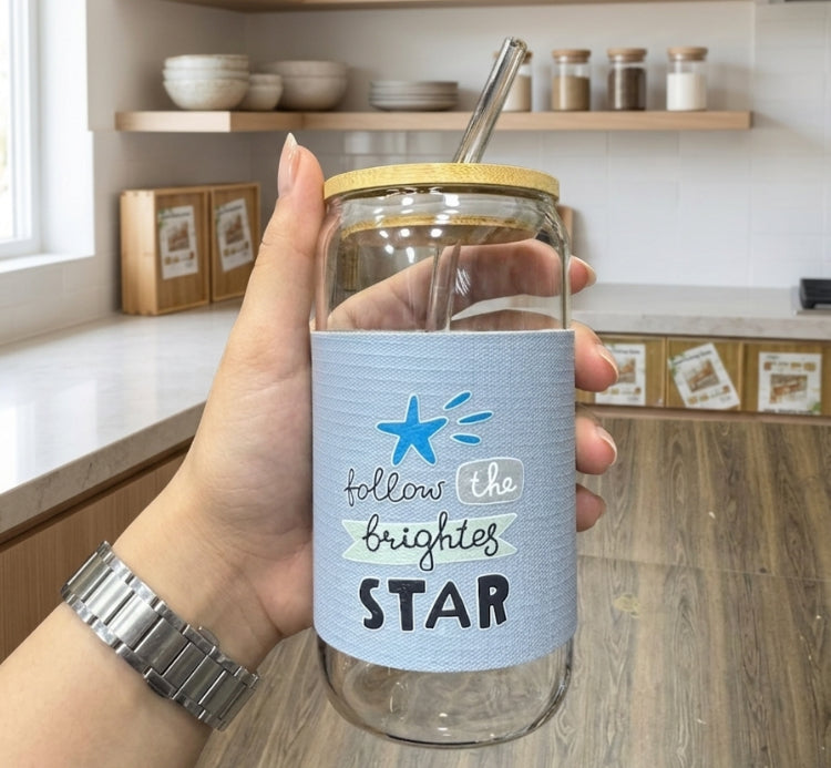 Quoted Coffee Glass with Wooden Lid & Straw
