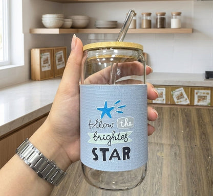 Quoted Coffee Glass with Wooden Lid & Straw