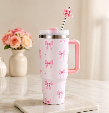 1200ml Bow Design Stainless Steel Insulated Tumbler Mug with Steel Straw & Straw Cover