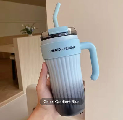 860ml Gradient Colour Stainless Steel Coffee Mug with Straw