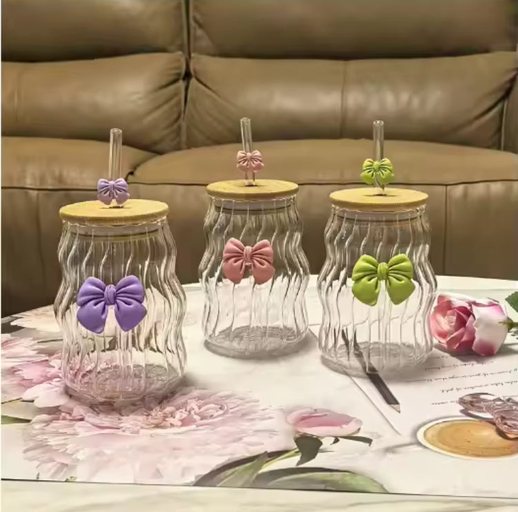 Aesthetic Bow Coffee Glass with Bow Straw & Lid