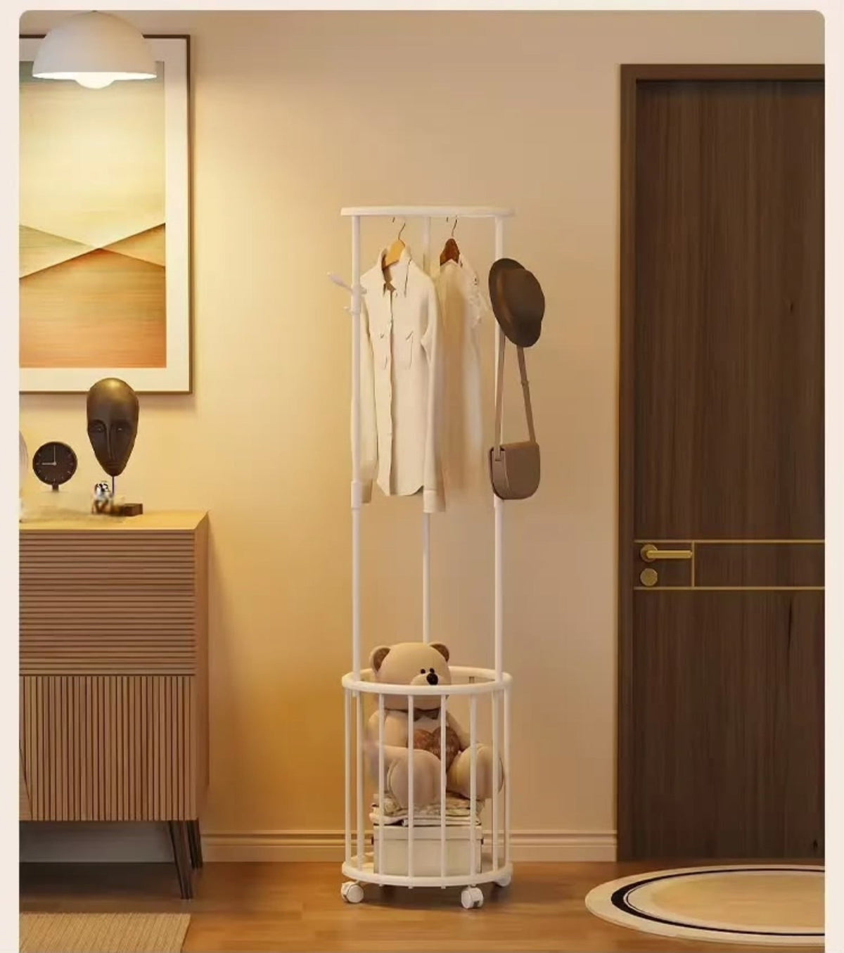 Corner Clothes Rack with Storage Basket & Moveable Wheels