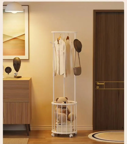 Corner Clothes Rack with Storage Basket & Moveable Wheels