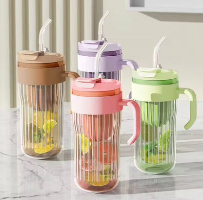 550ml Stripe Coffee Glass with Straw, Stainer Closure