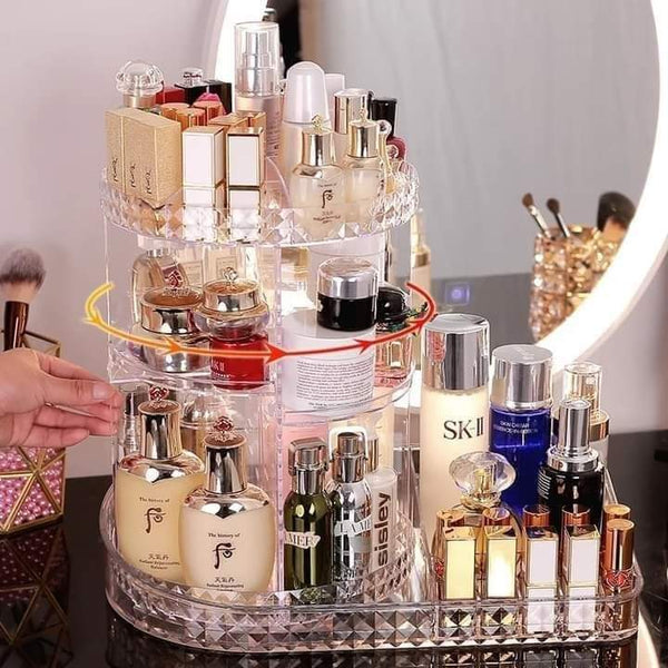 360 degree rotating cosmetic organizer with lipstick organizer tray