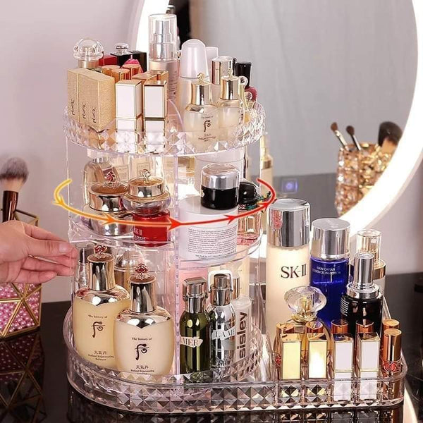 360 degree rotating cosmetic organizer with lipstick organizer tray