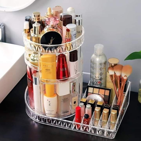 360 degree rotating cosmetic organizer with lipstick organizer tray