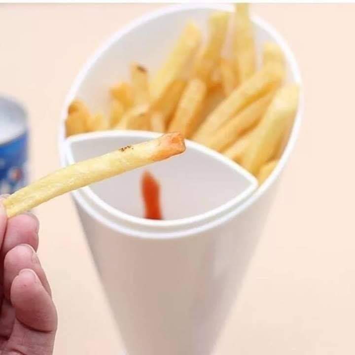 Fries cone holder with dipping cup
