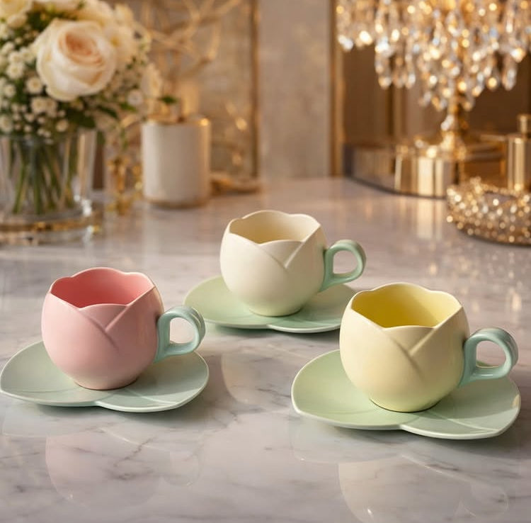 Ceramic Tulip Coffee Mug with Saucer