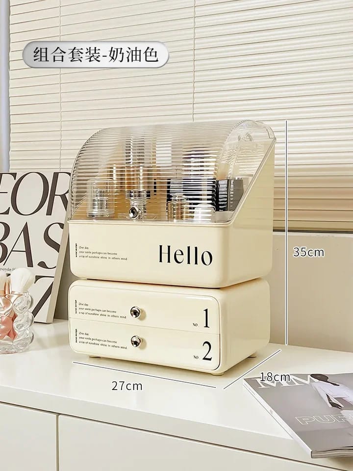 cosmetic organizer with dual shelves and brushes holder