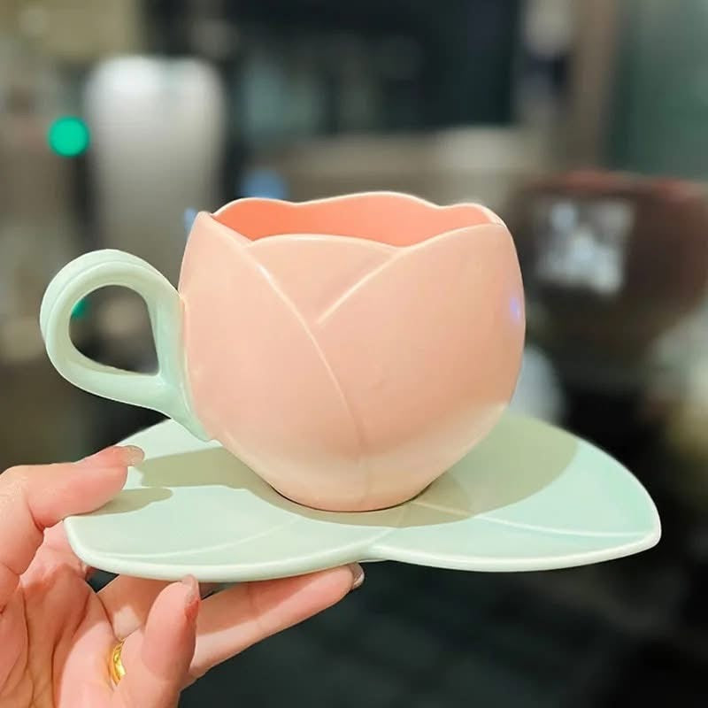 Ceramic Tulip Coffee Mug with Saucer