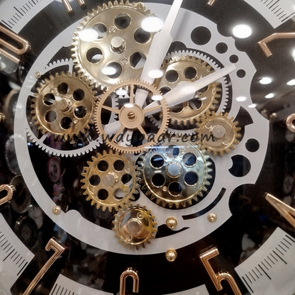 Premium 16-Inch Black and White Moving Gear Wall Clock | High-Quality Quartz