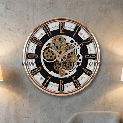 Premium 16-Inch Black and White Moving Gear Wall Clock | High-Quality Quartz