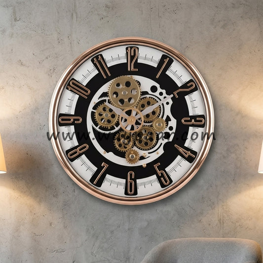 Premium 16-Inch Black and White Moving Gear Wall Clock | High-Quality Quartz