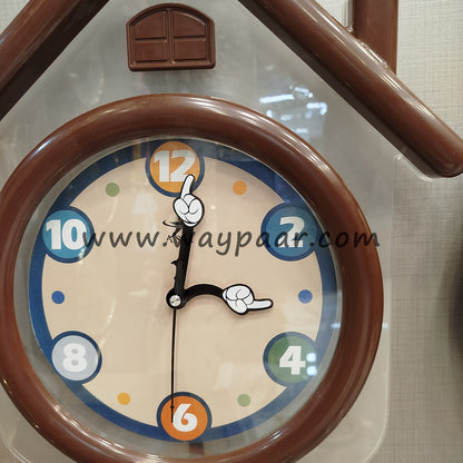 Cute House-Shaped Kids Wall Clock with Swinging Pendulum & Cartoon Hands