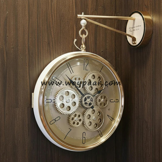 Premium Double-Sided Station Clock with Moving Gears – Vintage Wall Clock