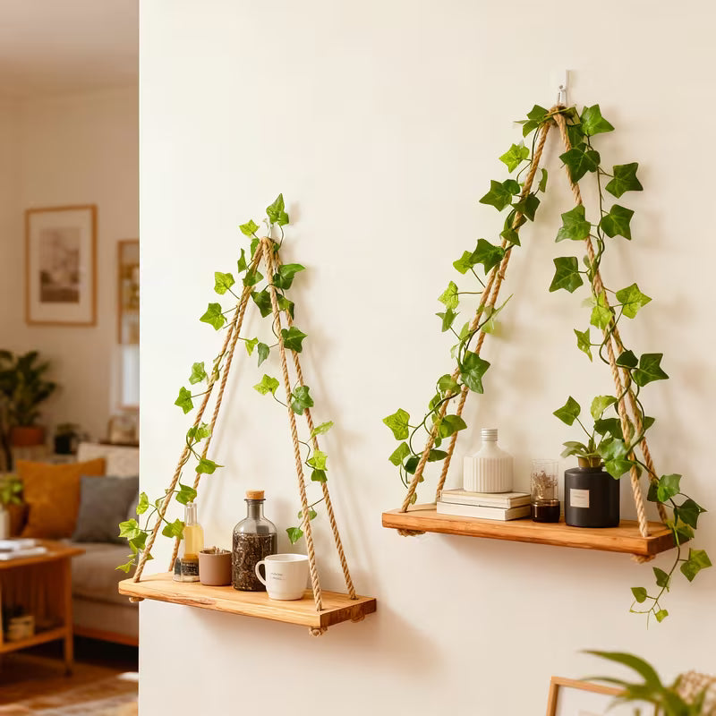 Led wooden wall Decoration  shelf with led light and green leaf string