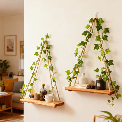 Led wooden wall Decoration  shelf with led light and green leaf string
